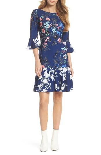 Petite Women's Eliza J Floral Bell Sleeve Dress P - Blue