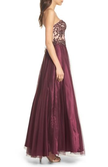 Women's Morgan & Co. Sheer Inset Lace Fit & Flare Dress /4 - Burgundy
