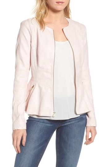 Women's Guess Perforated Peplum Hem Faux Leather Jacket - Pink
