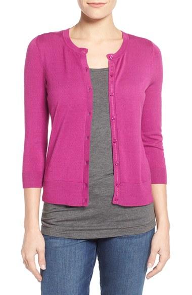 Women's Halogen Three Quarter Sleeve Cardigan, Size - Purple