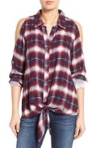 Women's Bobeau Cold Shoulder Plaid Shirt - Burgundy