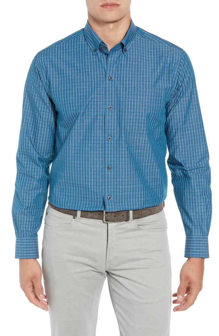 Men's Cutter & Buck Brent Regular Fit Non-iron Check Sport Shirt, Size - Blue