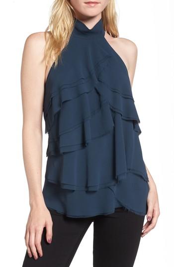 Women's Trouve Raw Edge Ruffle Chiffon Blouse - Blue