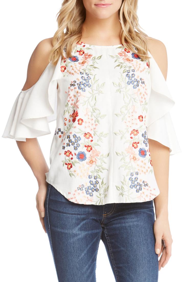 Women's Karen Kane Embroidered Cold Shoulder Ruffle Top