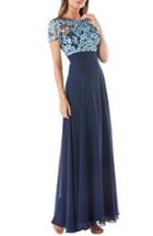 Petite Women's Js Collections Embroidered Illusion Bodice Gown P - Blue