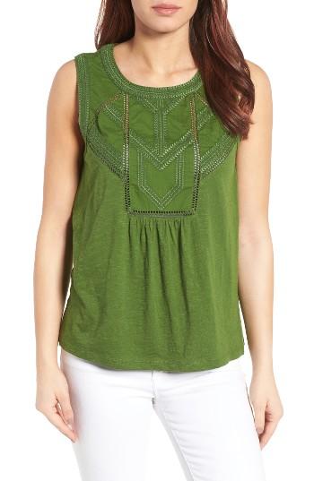 Petite Women's Caslon Embroidered Lace Detail Cotton & Modal Tank P - Green