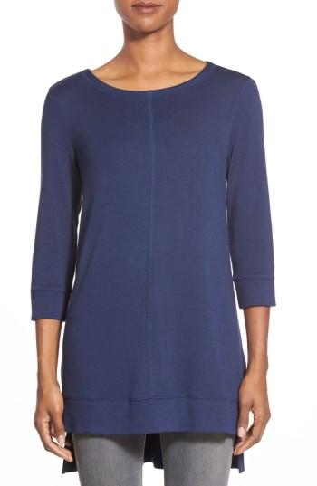 Petite Women's Caslon Three Quarter Sleeve Side Slit Tunic, Size P - Blue