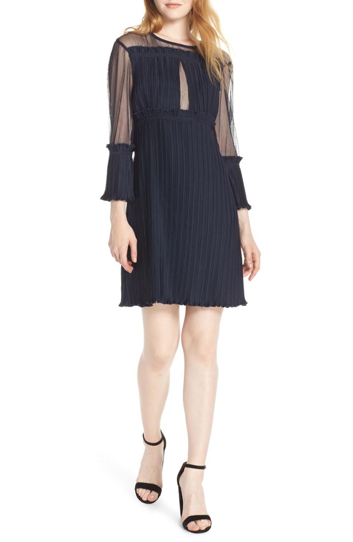 Women's Caara Pleated Sheer Sleeve A-line Dress - Blue
