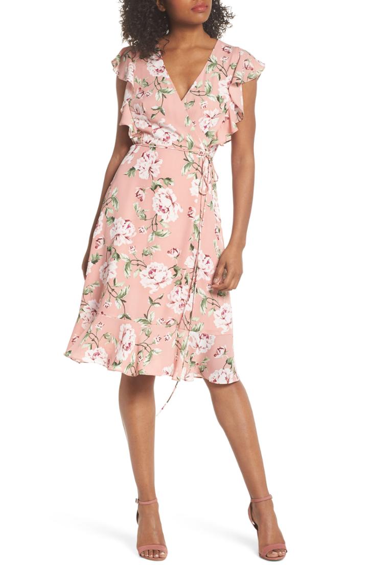 Women's Charles Henry Ruffle Sleeve Floral Wrap Dress - Pink