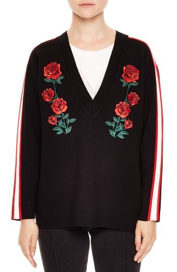 Women's Sandro Indira Rose Embroidered Sweater - Black