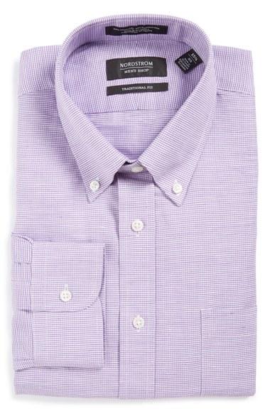 Men's Nordstrom Men's Shop Traditional Fit Houndstooth Linen & Cotton Dress Shirt 32 - Purple