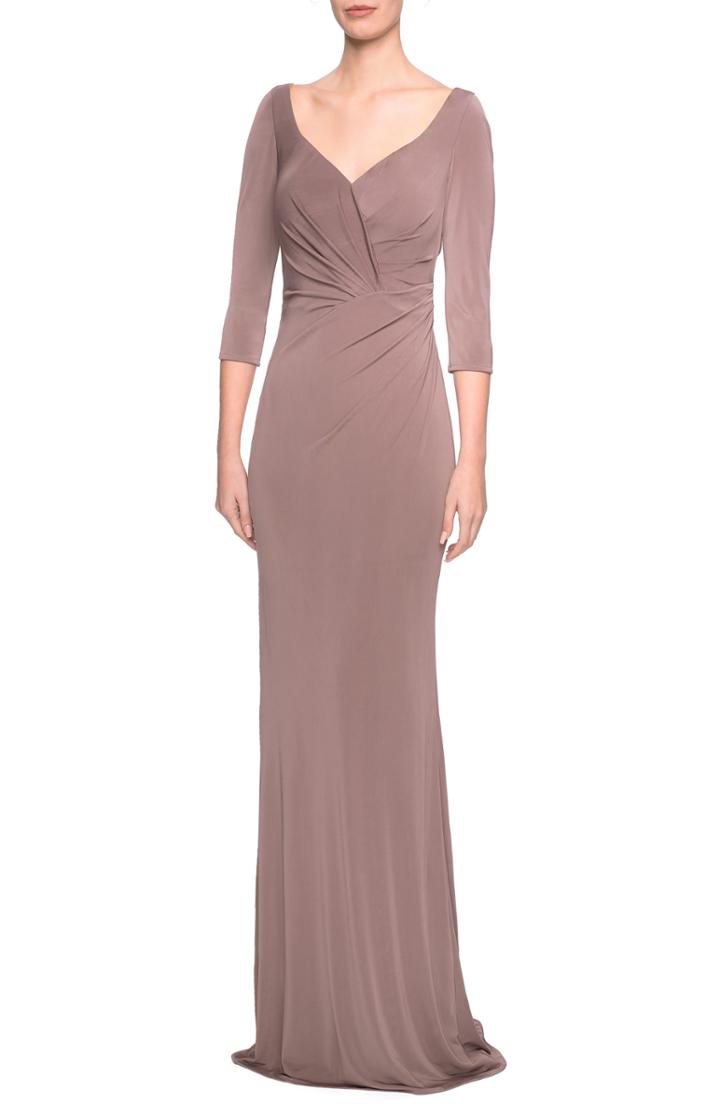 Women's La Femme Ruched Jersey Evening Dress - Brown