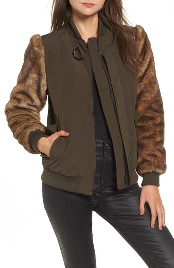Women's Kendall + Kylie Faux Fur Sleeve Bomber Jacket - Green