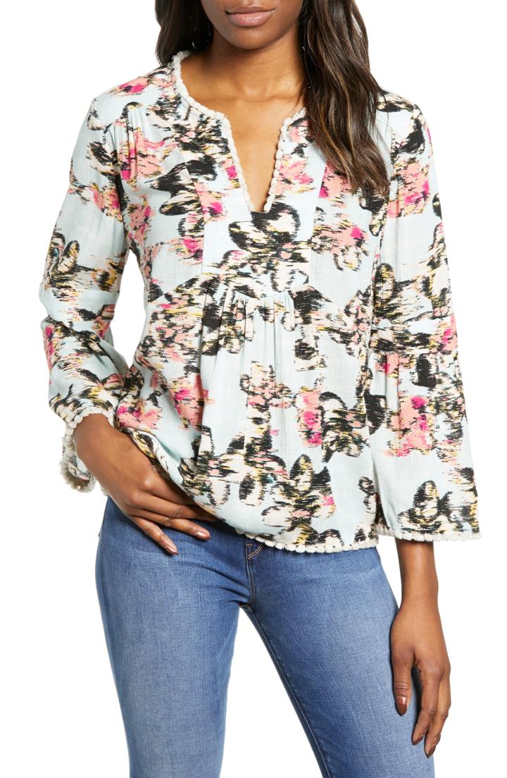 Women's Caslon Print Fringe Trim Top - Green