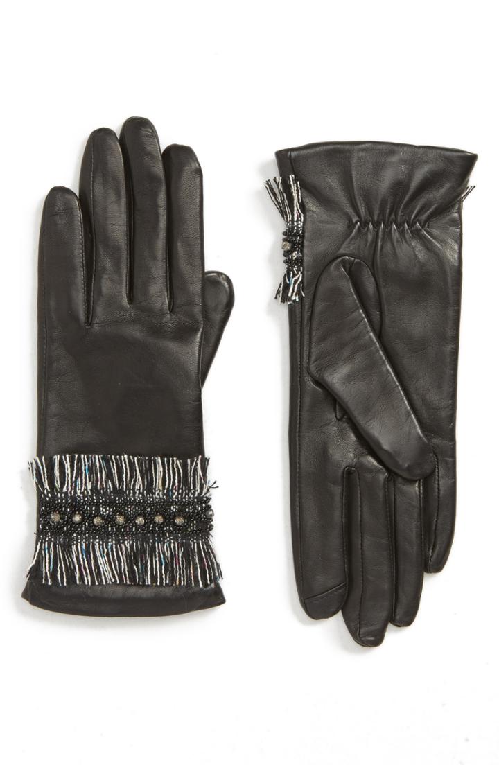 Women's Badgley Mischka Fringe Cuff Leather Touchscreen Gloves - Black