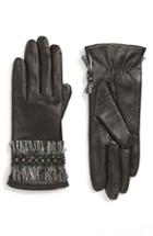 Women's Badgley Mischka Fringe Cuff Leather Touchscreen Gloves - Black