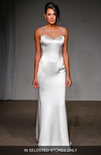 Women's Anna Maier Couture Nicole Illusion Neck Satin A-line Gown, Size - White