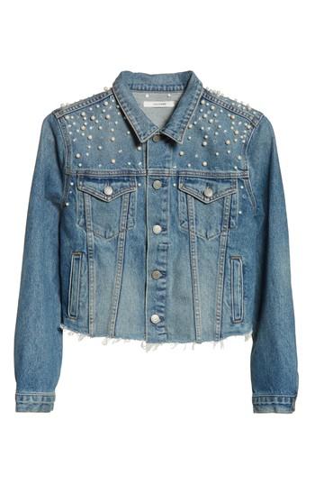 Women's Grlfrnd Faux Pearl & Crystal Embellished Crop Denim Jacket
