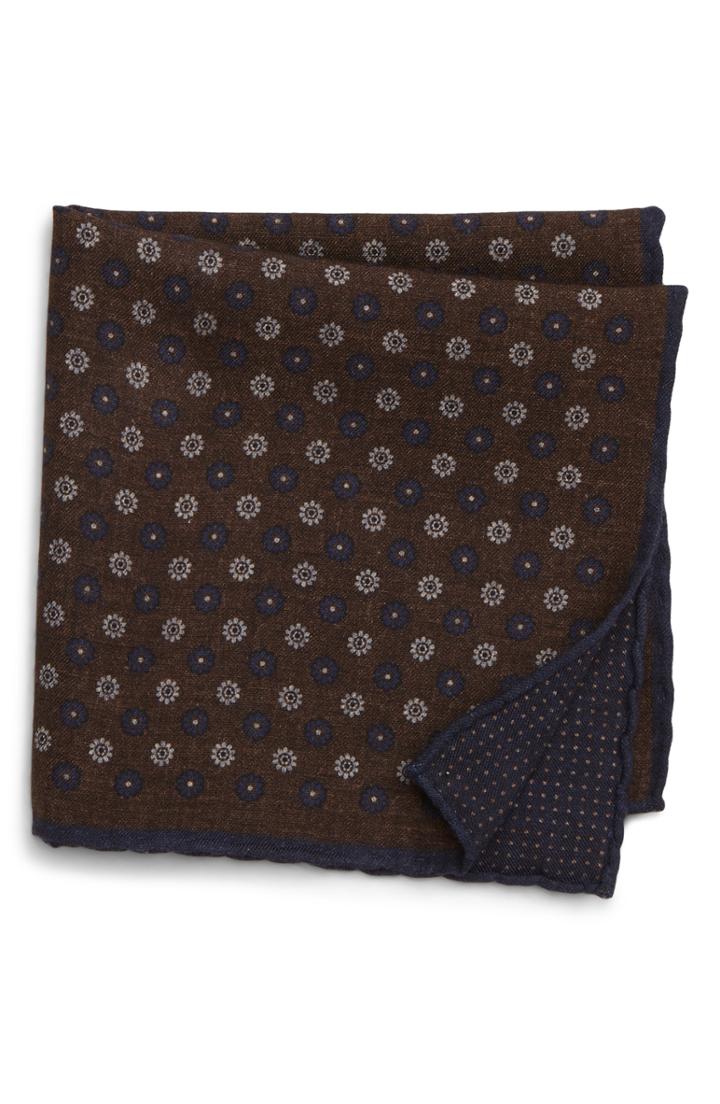 Men's Eleventy Floral Wool & Cotton Pocket Square, Size - Brown