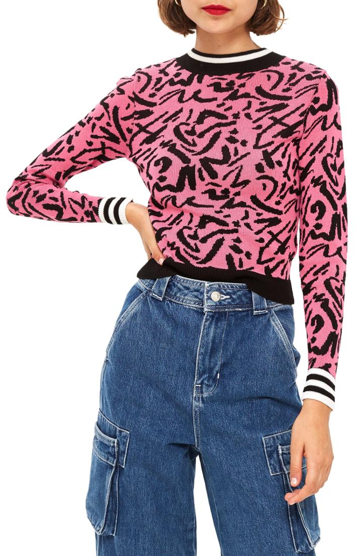 Women's Topshop Graffiti Jacquard Sweater Us (fits Like 0) - Pink