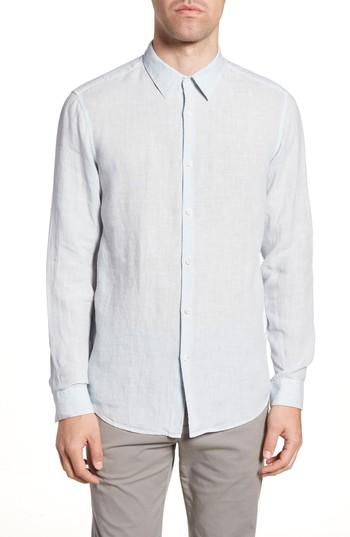 Men's Theory Irving Trim Fit Solid Linen Sport Shirt, Size - Blue