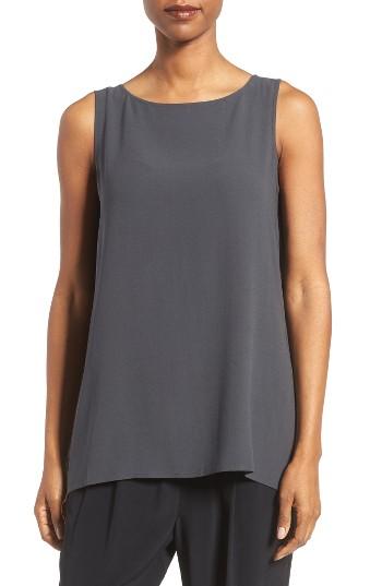 Petite Women's Eileen Fisher Long Bateau Neck Silk Shell, Size P - Grey