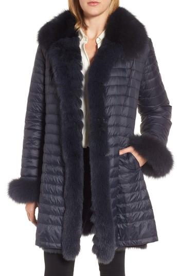 Women's Blue Duck Reversible Water Resistant Genuine Fox Fur Down Coat - Blue