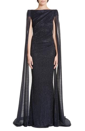 Women's Talbot Runhof Cape Back Ruched Metallic Gown
