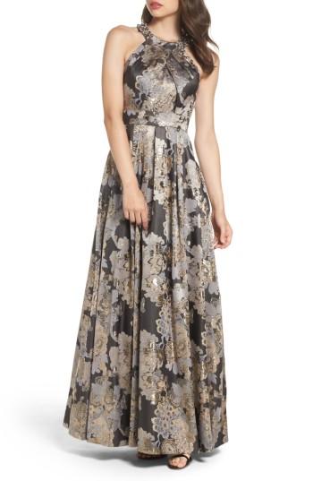 Women's Eliza J Embellished Metallic Jacquard Ballgown - Metallic
