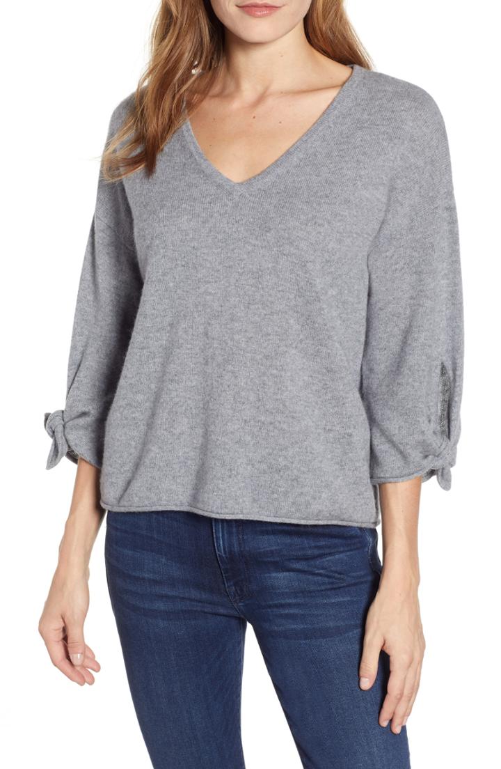 Women's Velvet By Graham & Spencer Tie Sleeve Cashmere Sweater - Grey