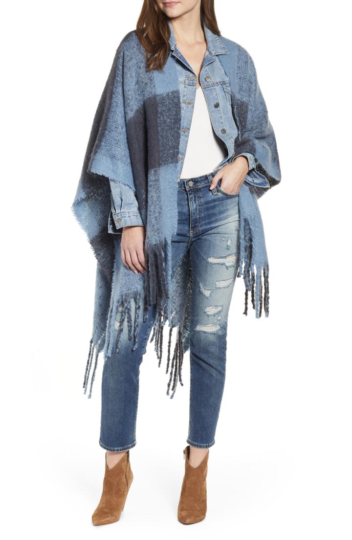 Women's Free People Hampton Plaid Fringe Ruana, Size - Grey