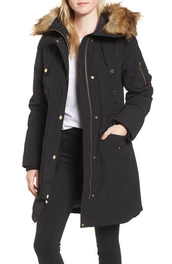 Women's Michael Michael Kors Water Resistant Snorkel Coat With Faux Fur Trim - Black