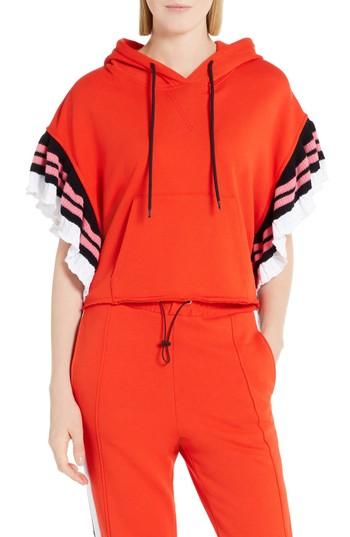 Women's Msgm Contrast Ruffle Sleeve Hoodie - Red