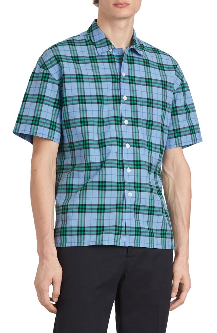 Men's Burberry Harely Check Camp Shirt, Size - Blue