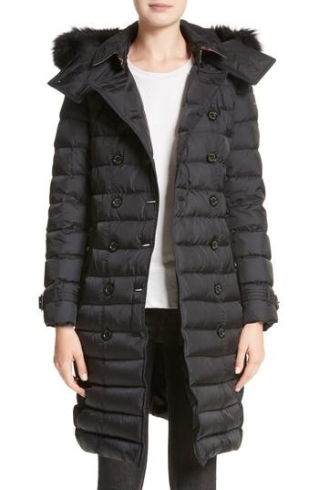 Women's Burberry Hooded Down Puffer Coat With Genuine Fox Fur Trim - Black