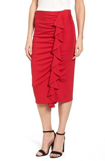Women's Halogen Side Ruffle Pencil Skirt, Size - Red
