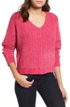 Women's Woven Heart Shaker Stitch Chenille Sweater - Pink