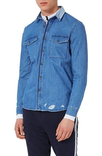 Men's Topman Extreme Ripped Denim Shirt - Blue