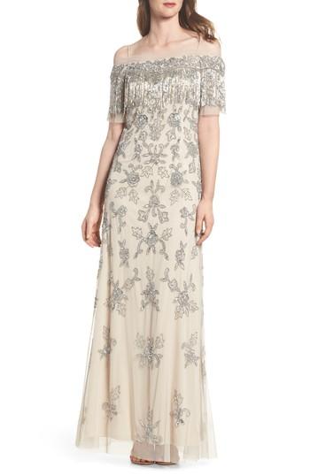Women's Adrianna Papell Fringe Bead Cold Shoulder Gown - Metallic