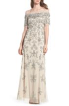 Women's Adrianna Papell Fringe Bead Cold Shoulder Gown - Metallic
