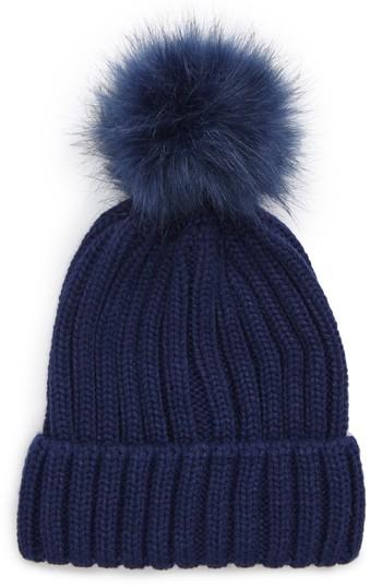 Women's Bp. Faux Fur Pompom Beanie - Blue