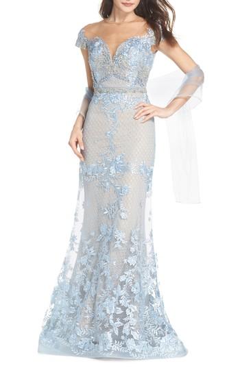 Women's Mac Duggal Beaded Lace Trumpet Gown - Blue