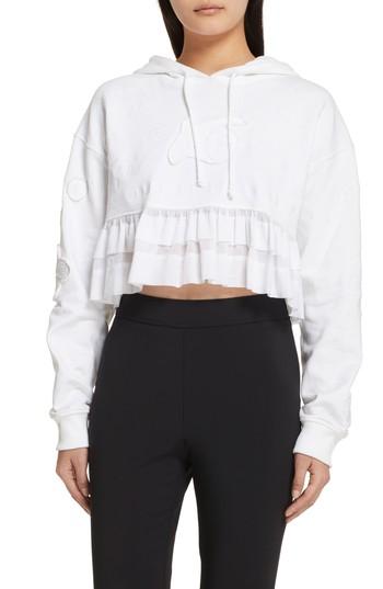 Women's Opening Ceremony Embroidered Ruffle Hem Crop Hoodie - White