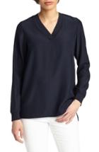 Women's Lafayette 148 New York Wyatt Knit Trim Matte Silk Blouse, Size - Blue