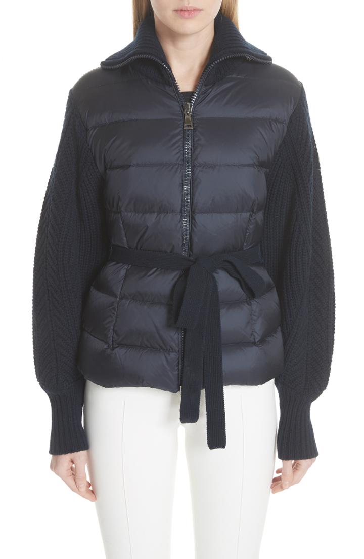 Women's Moncler Maglione Quilt Front Belted Wool & Cashmere Cardigan - Blue