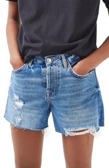 Women's Topshop Ashley Ripped Boyfriend Shorts Us (fits Like 14) - Blue