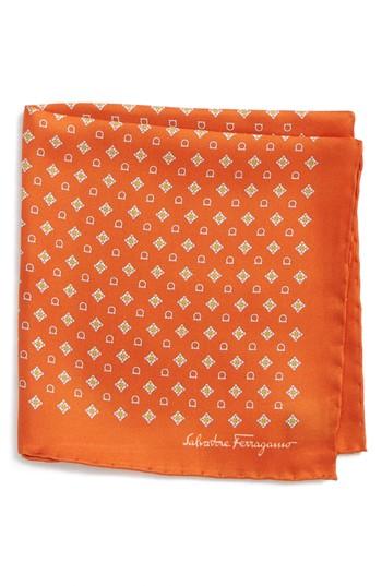 Men's Salvatore Ferragamo Edison Medallion Silk Pocket Square, Size - Orange