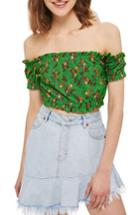 Women's Topshop Floral Off The Shoulder Crop Top Us (fits Like 0) - Green