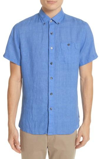 Men's Todd Snyder Short Sleeve Woven Linen Shirt, Size - Blue