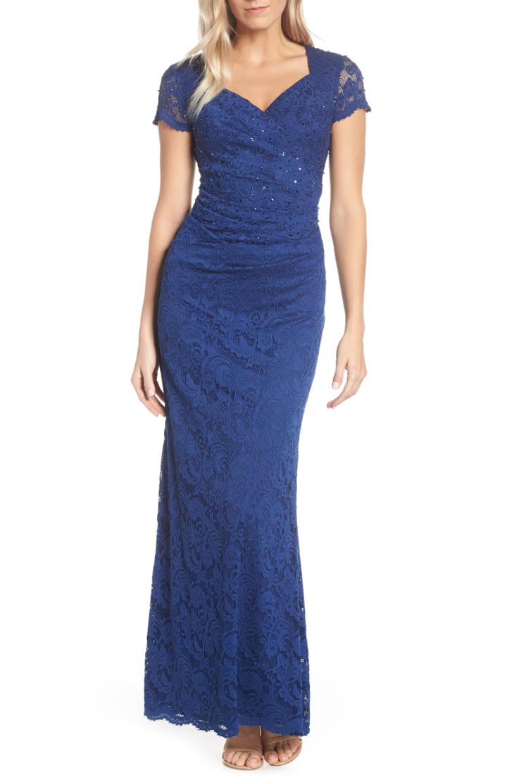 Women's Adrianna Papell Stretch Lace Trumpet Gown - Blue